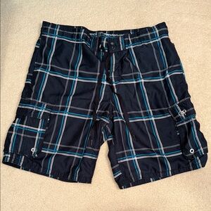 Op Men's Black Plaid Swim Surf Athletic Shorts Y2K